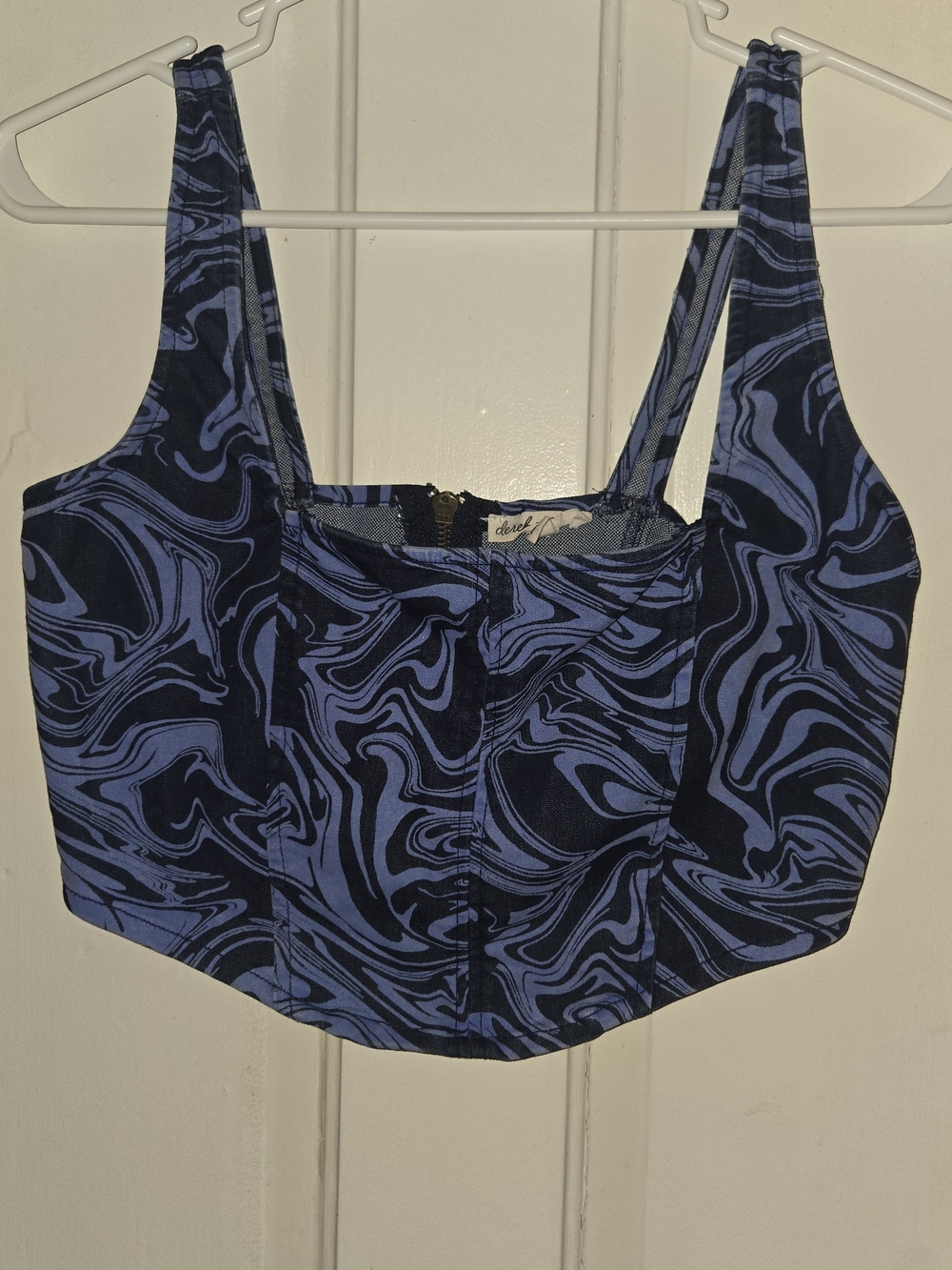 Derek Heart Navy and Periwinkle Swirl Square-Neck Crop Top